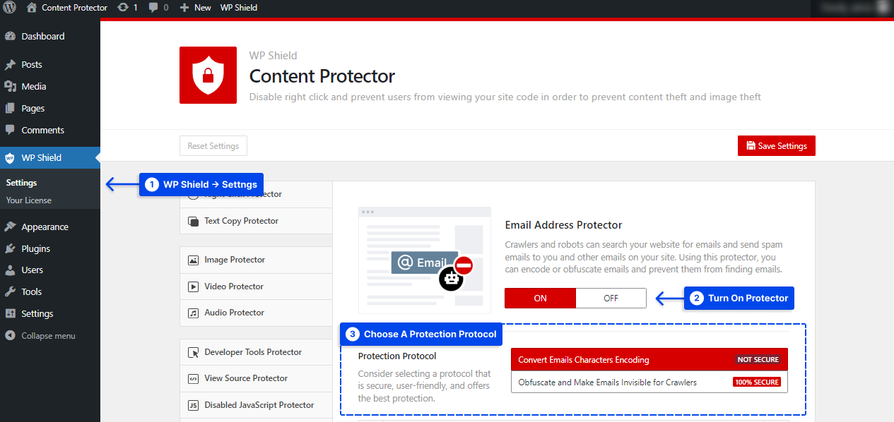 Setting up email address protector wp shield