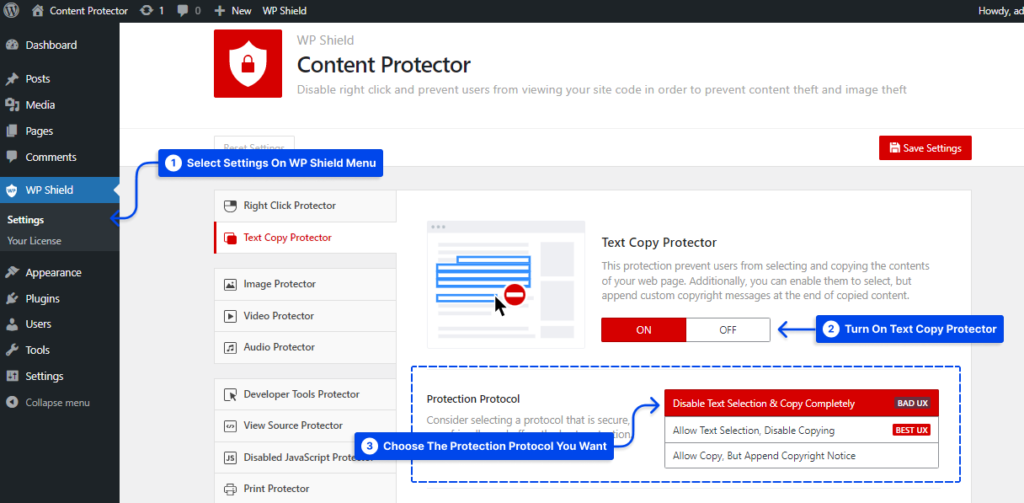 1 enable text protection on website